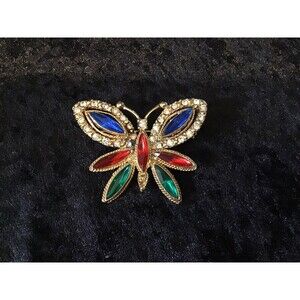 Rhinestone Butterfly Brooch Pin Multicolored Marquise Shape 2” X 1.5” Vintage